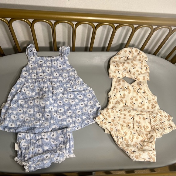Beautiful comfortable quality Floral Blue and Cream baby girl Dress Set of 2 - Picture 7 of 7